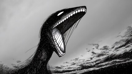 A terrifying, monstrous sea creature with sharp teeth emerges from dark water, mouth wide open in a menacing display, rendered in stark black and white