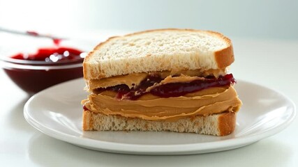 Preparing peanut butter and jelly sandwich knife slicing bread spread meal food preparation kitchen table closeup - Powered by Adobe