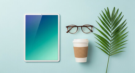 Flat lay of a tablet, coffee cup, glasses, and palm leaf on blue background