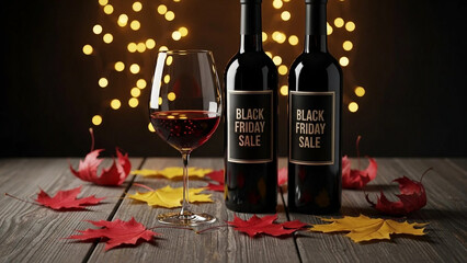 Black Friday–branded red wine set beside a glass, surrounded by autumn foliage on a rustic wooden tabletop, softly lit by festive lights, capturing the mood of fall celebrations and holiday deals.