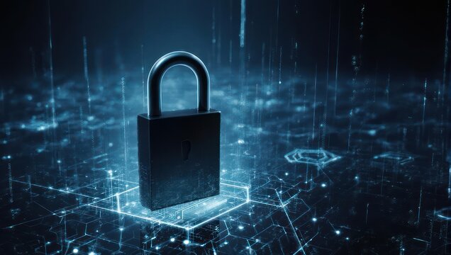 A dark, digital lock graphic.  A dark metallic lock sits atop a glowing network of lines and geometric shapes
