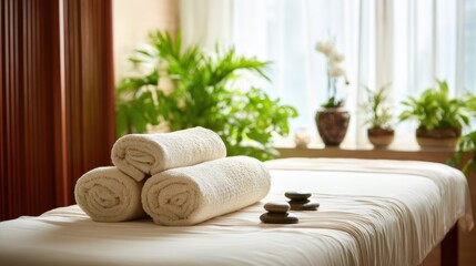 Soft light filters through a window in a serene spa. Rolled towels are neatly arranged on a massage table beside smooth stones and vibrant plants creating a peaceful atmosphere for relaxation.