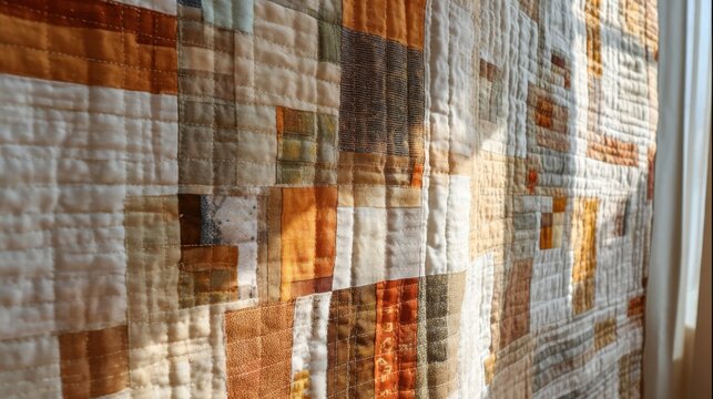 Quilt showcasing a blend of warm colors and unique patterns is hung indoors. Natural light highlights its detailed stitching and texture creating a cozy atmosphere.