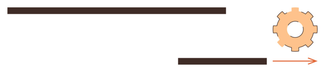 Horizontal bold lines connect to orange gear and arrow, indicating workflow direction and automation. Ideal for progress, workflow, efficiency, process, industrial concept, direction, simple flat