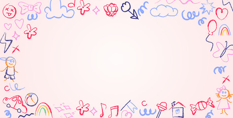 Crayon doodle frame for school or kindergarten banner design. Vector cartoon illustration of cute child drawn border with colorful happy children, flowers, clouds, hearts, decoration for award poster