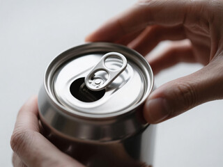 Close Up Hands Holding Open Aluminum Can Lid on White Background