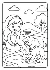 Cute Girl Watching Puppy Play in Water Coloring Page for Kids