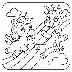 Cute Unicorn and Giraffe Sliding on Rainbow Coloring Page for Kids