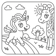 Cute Unicorn and Giraffe Coloring Page for Kids