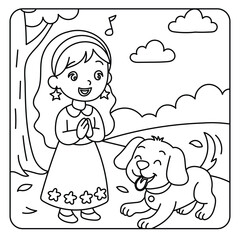 Cute Girl and Happy Dog Coloring Page for Kids
