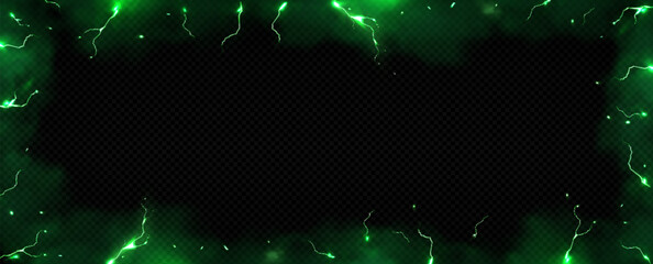 Naklejka premium Green smoke and lightning background with thunder effect on black. Magic light frame with toxic fog, energy bolts and wizard glow. Transparent overlay with creepy mysterious elements and neon border.