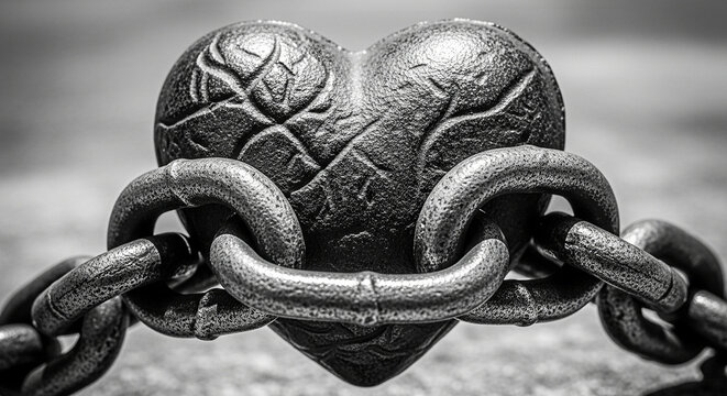 A heavy, textured metal heart is bound by thick, dark chains - Powered by Adobe