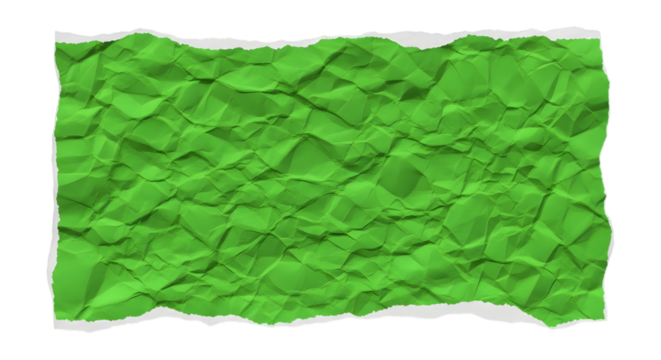 Green crumpled paper piece with torn edges isolated on transparent background