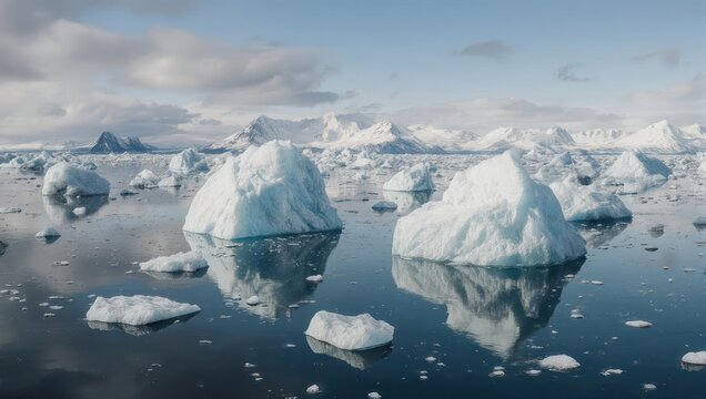 Icebergs in a calm arctic bay, reflecting a cloudy sky