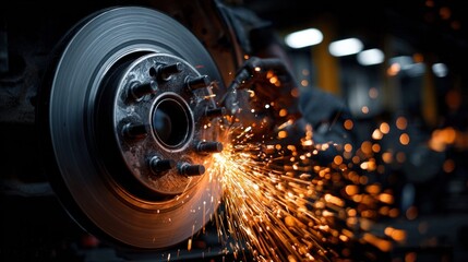 Mechanic using a grinder to repair a car brake rotor in a workshop