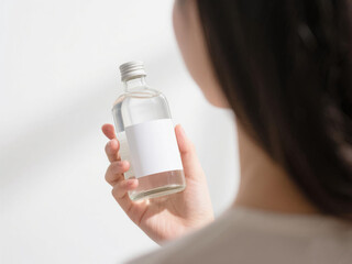 Woman Holding a Clear Glass Bottle with Blank Label in Soft Natural Light