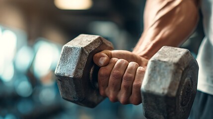 A closeup shot of a mans muscular arm and hand firmly gripping a heavy, rustic dumbbell during an intense strength training workout in a gym setting