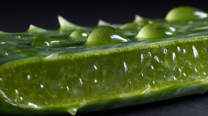 Closeup of a vibrant green aloe vera leaf adorned with glistening water droplets, highlighting its succulent texture and natural hydration, set against a dark background