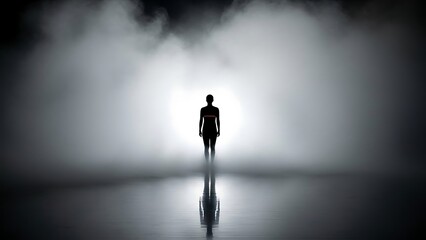 A solitary figure stands silhouetted in a realm of ethereal mist