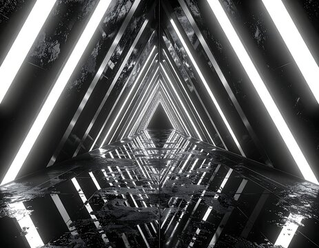 Futuristic, glossy, triangular tunnel with neon lighting and reflections