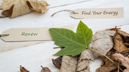 Bright green leaf renew contrasts with dry autumn leaves find your energy word