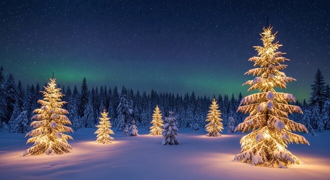 Illuminated christmas trees in a snowy winter landscape under the northern lights at night time - Powered by Adobe