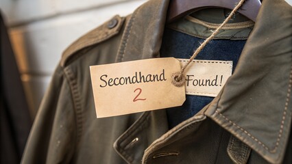 Close up of a secondhand jacket with a found tag