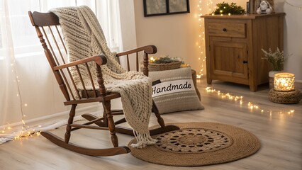 Cozy wooden rocking chair with knitted blanket and handmade pillow