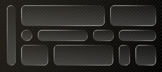 Naklejka premium Liquid glass frames and buttons set isolated on transparent background. Vector realistic illustration of glass morphism text boxes, menu windows, search bars, website or mobile app ui design elements