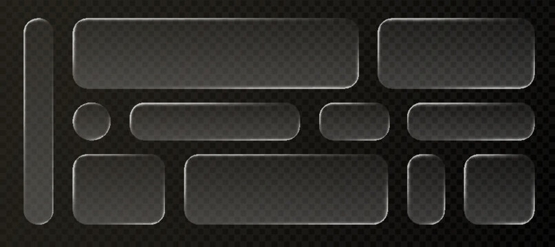 Liquid glass frames and buttons set isolated on transparent background. Vector realistic illustration of glass morphism text boxes, menu windows, search bars, website or mobile app ui design elements