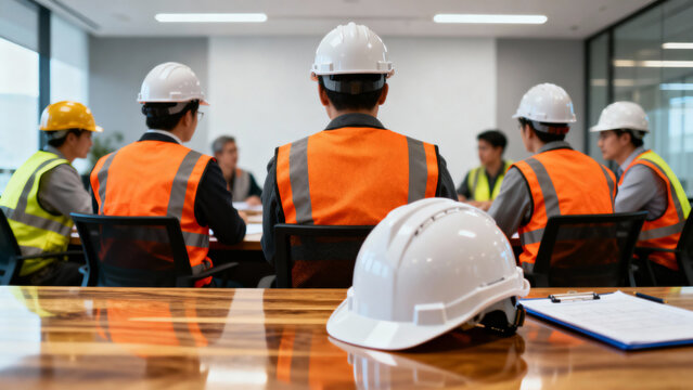Close up of a white hard hat and clipboard on a table with a blurred construction team meeting in the background - Powered by Adobe