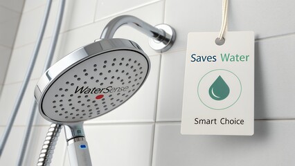 Showerhead with WaterSense label saving water in a bathroom