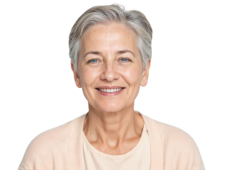Smiling older woman with gray hair in a light shirt against a white background