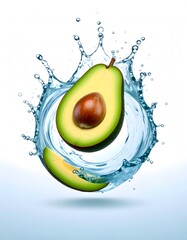 Sliced avocado with pit and slice surrounded by a dynamic water splash on white