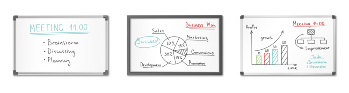 Office whiteboard set with marker business meeting content - agenda lists, pie chart plan, growth diagram and task notes. White board frames with written information for corporate presentations.