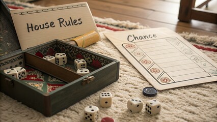 Vintage board game and dice on a rug with house rules and chance cards