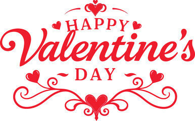 Happy Valentine’s Day Typography Design – Elegant Red Script with Hearts & Flourishes for Cards, Social Media & Print