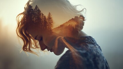 Double exposure portrait of a woman's profile with a serene forest and sun rays superimposed, symbolizing introspection, connection with nature, and inner peace in a dreamy
