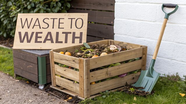 Wooden compost bin filled waste to wealth with organic waste and food scraps - Powered by Adobe