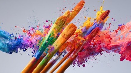 Vibrant paintbrushes with colorful paint splatters creating an explosion of artistic expression and creativity, symbolizing inspiration and imagination