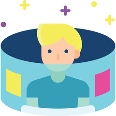 Young Blond Man Inside Blue Cylindrical Pod Surrounded by Yellow Purple and Pink Squares with Sparkles and Stars Against Transparent Background