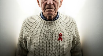 Elderly Man Wearing Red Ribbon Symbolizing AIDS Awareness