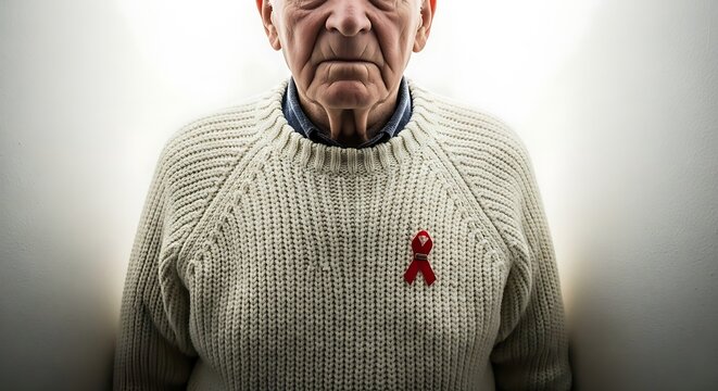 Elderly Man Wearing Red Ribbon Symbolizing AIDS Awareness