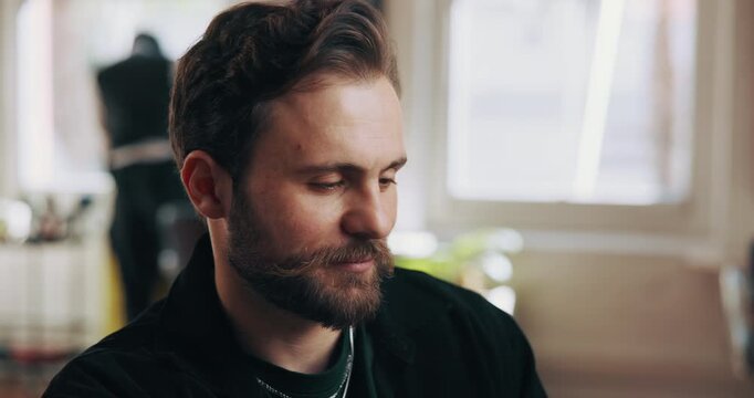 Thinking, man and barber at startup salon with vision, service pricing and ideas for grooming. Thoughts, male person and reflection for appointment, planning styling and decision for hair maintenance