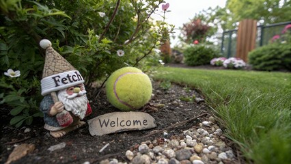 Worn tennis ball rests near welcome sign in garden