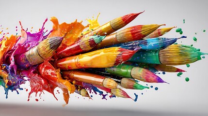 A vibrant and dynamic explosion of colorful paintbrushes bursting with bright, vivid paint splatters, symbolizing creativity, artistic expression, and the joy of art, set against a clean background
