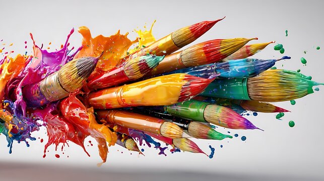 A vibrant and dynamic explosion of colorful paintbrushes bursting with bright, vivid paint splatters, symbolizing creativity, artistic expression, and the joy of art, set against a clean background