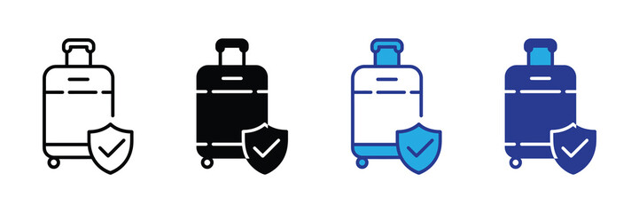 Luggage insurance icon set with four variations: outline, solid black, blue outline, and solid blue, featuring a suitcase and shield.