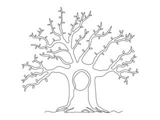 Abstract gnarled branching tree with hollow, squirrel house, oak, continuous single one line art hand drawing sketch logo on white background