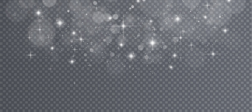 Light bokeh background with white glitter effect and star dust particles. Sparkle magic texture with shimmer and shine for festive atmosphere. Transparent bg with confetti and bright decoration.